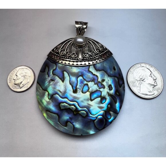Estate Meray Indonesia 925 Sterling Silver Abalone Pearl Pendant Necklace Gift!! - Picture 5 of 8